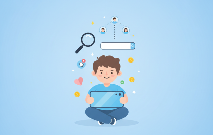 Cartoon boy holding a smartphone with floating seller avatar icons, a heart and a bell for following sellers on the eBay app