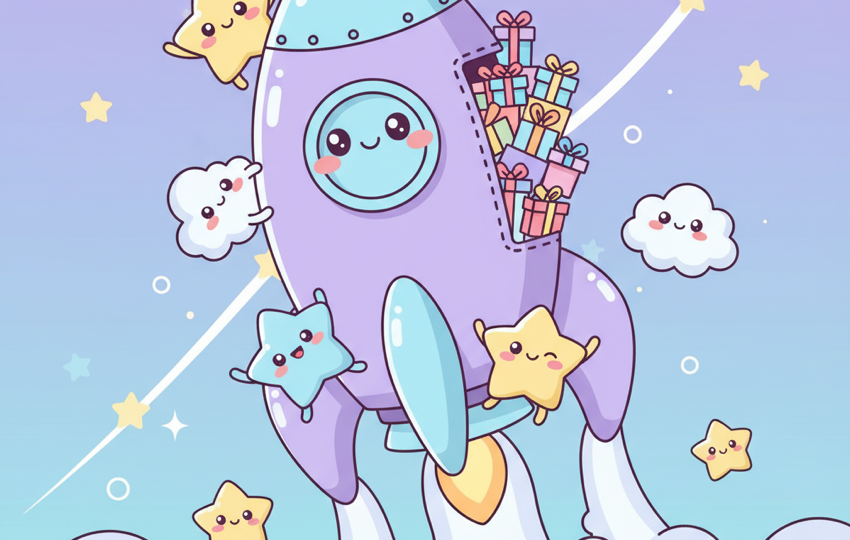 Cartoon rocket ship carrying packages upward with stars and growth charts in the background