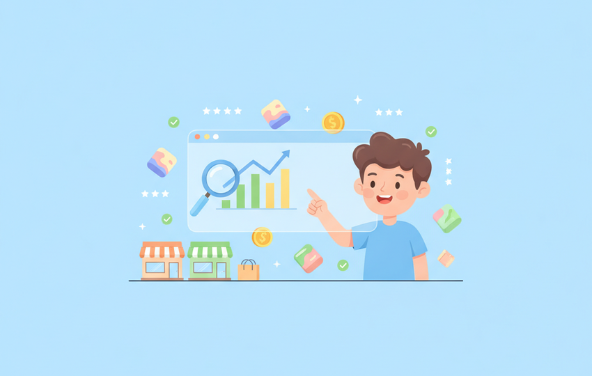 Cartoon boy pointing at a dashboard with a rising sales chart and cartoon storefronts, illustrating eBay seller and product research