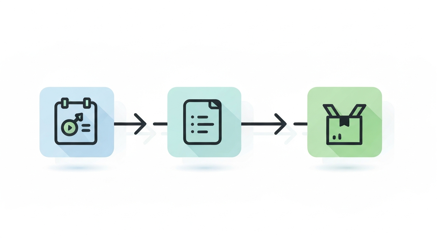 Flat illustration showing a streamlined dropshipping workflow from product research to listing to sale to fulfillment with connected icons
