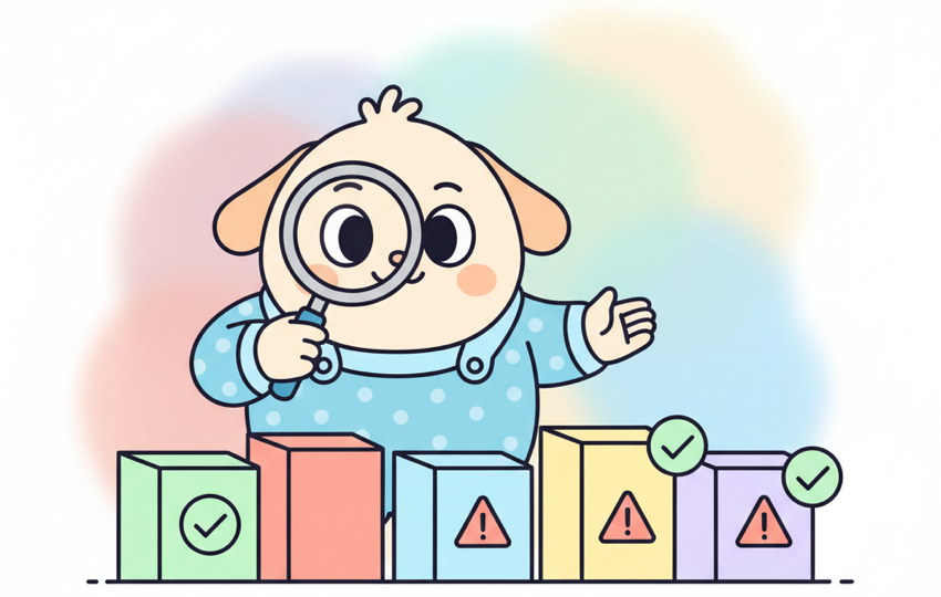Cute cartoon character inspecting product boxes with checkmarks and caution signs
