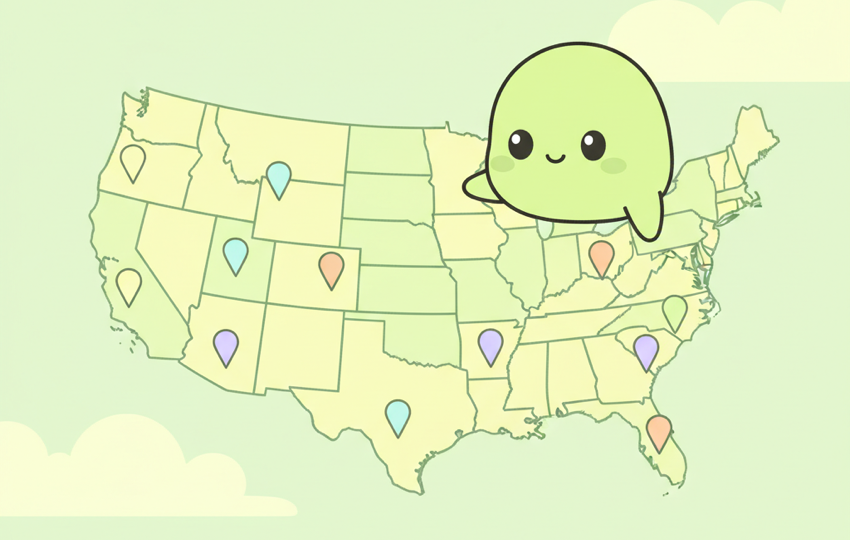 Cute cartoon blob creature looking at a map of the United States with colorful pins marking different states