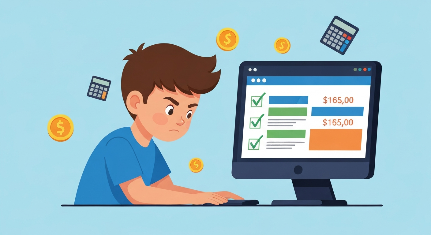 Boy comparing dropshipping platform pricing on a computer screen with checkmarks and dollar amounts