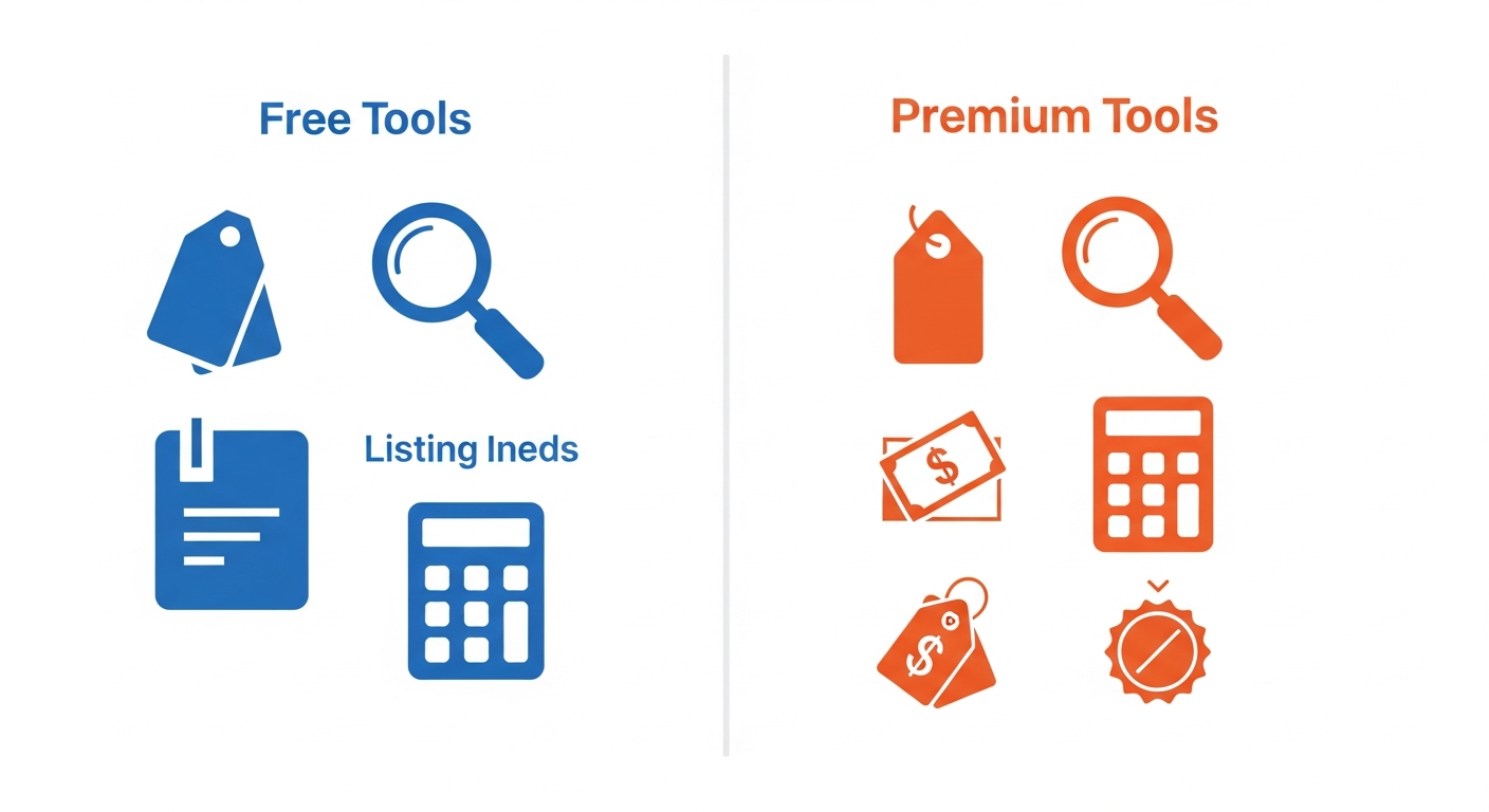 Flat illustration comparing free and premium eBay seller tools with icons for research, listing, and analytics