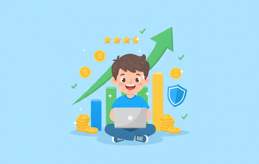 Cartoon character on a laptop with a large upward growth arrow, gold coins, star ratings, and a shield floating around a soft blue background