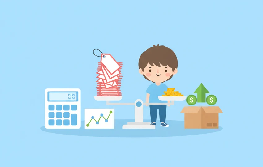 Pricing an item from comps using a balance scale weighing price tags against coins