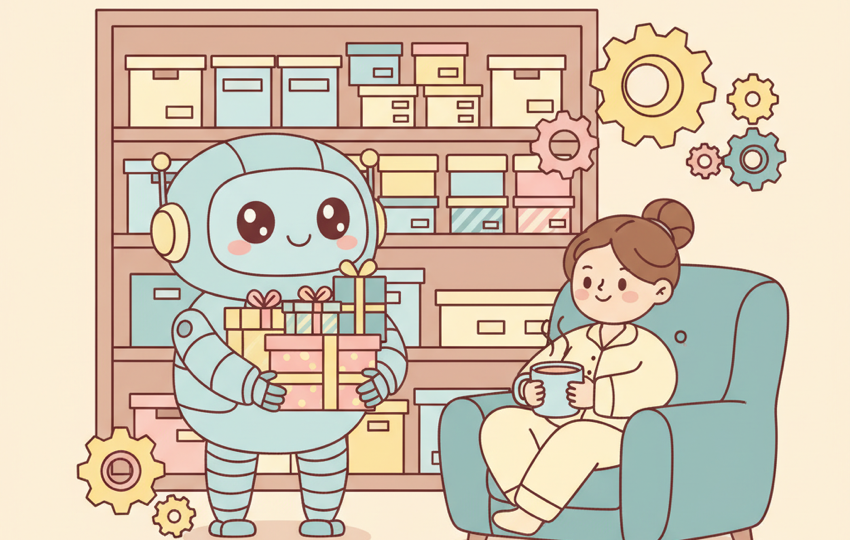 Cute cartoon robot organizing packages while a person relaxes with coffee nearby
