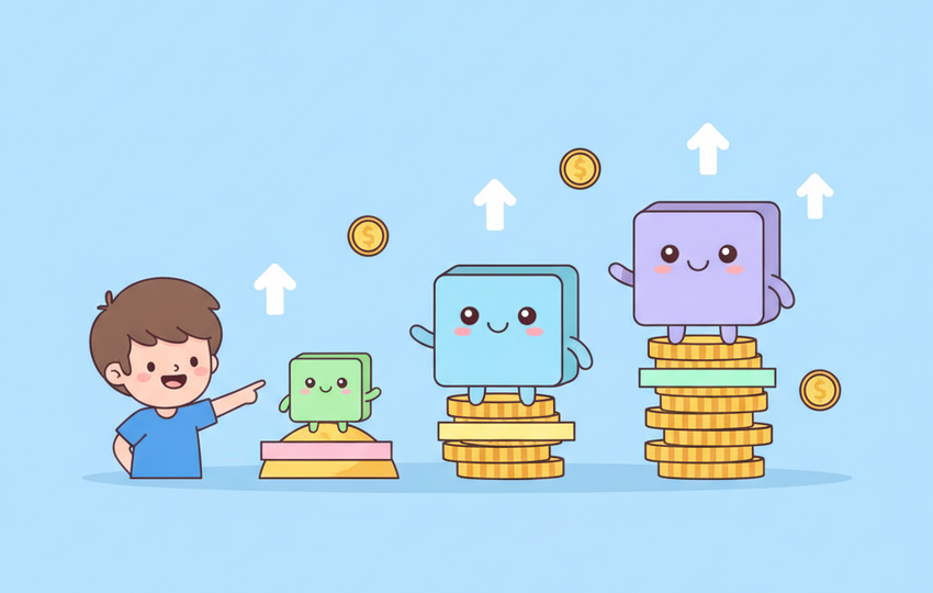 Three cartoon parcels of increasing size sitting on growing piles of golden coins with a slice taken from each pile