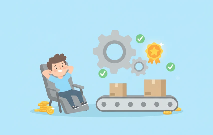 Cartoon character relaxing while automated gears, packages on a conveyor, checkmarks, and a happy star badge move around a soft blue background