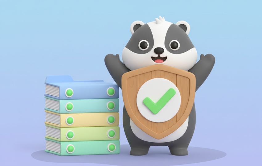 Cute cartoon character holding a shield with a checkmark next to organized folders