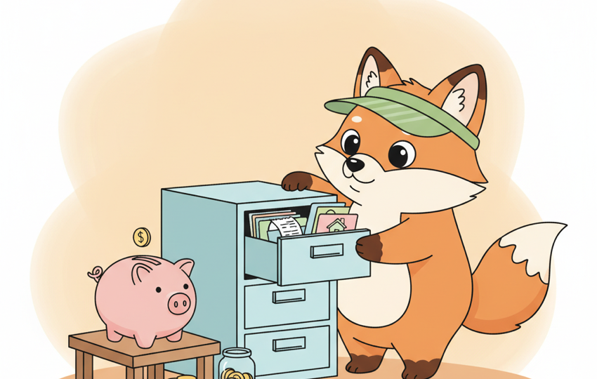 Cute cartoon fox character organizing folders and receipts into a filing cabinet with a piggy bank and coins nearby