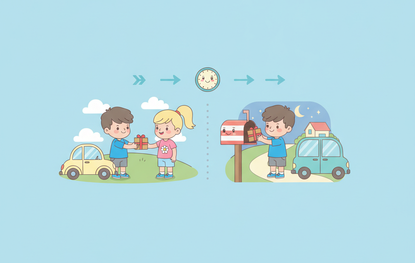 Two side by side cartoon panels showing a handover to a buyer beside a car and a parcel going into a mailbox with a delivery van