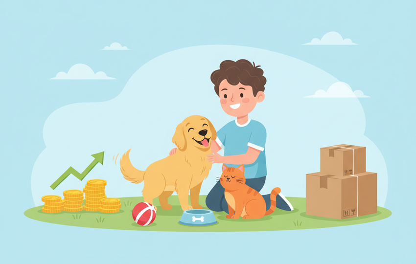 Cartoon character surrounded by happy pets and pet products like toys and beds