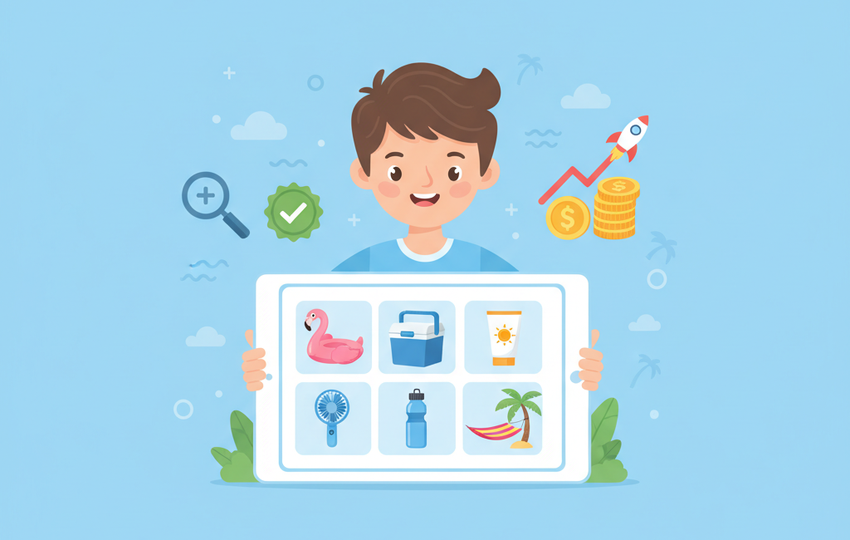 Cartoon seller holding a tablet with a 3x3 grid of summer products