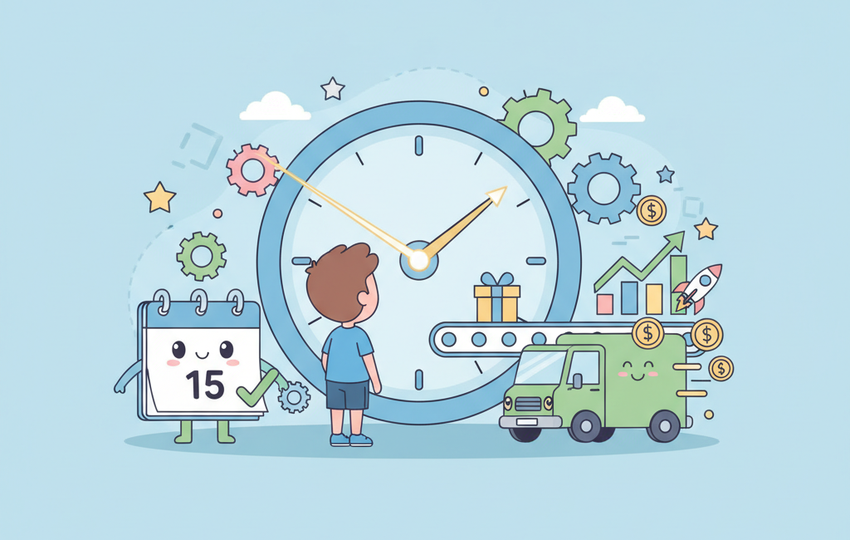 Cartoon seller looking at a giant clock with arrow pointing toward package on conveyor belt