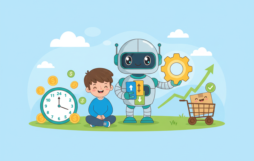 Cartoon seller next to a robot mascot holding settings gear and rule cards with arrows