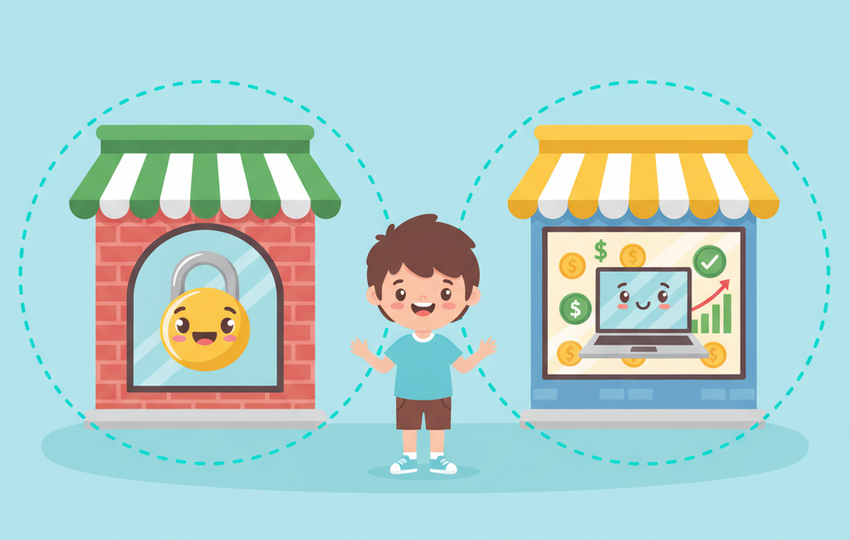 Cartoon seller standing between two storefront buildings with dotted separation lines