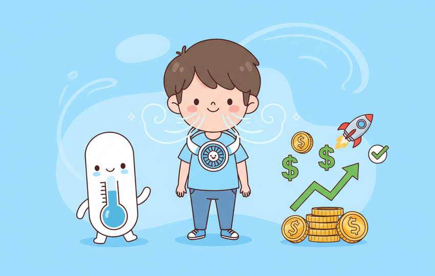 Cartoon seller wearing a friendly portable neck fan with cool air swirls
