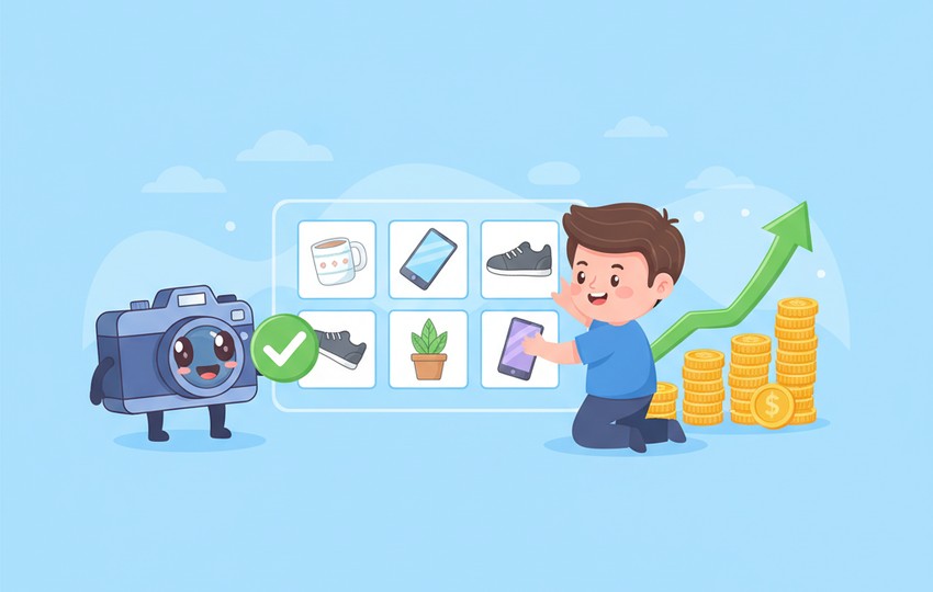 Cartoon seller arranging a 2x4 grid of product photo cards on a display panel