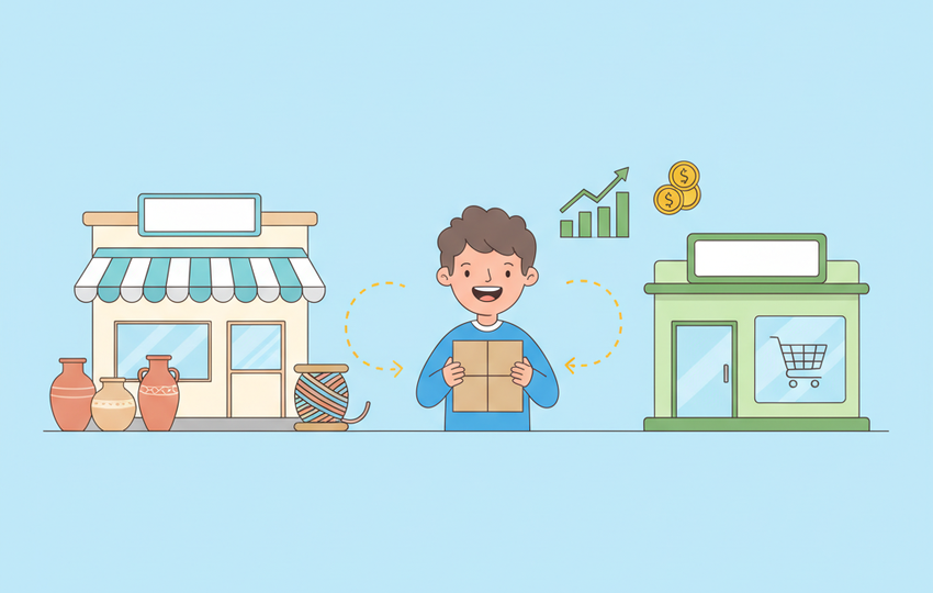Cartoon character connecting a handmade craft shop to an online marketplace with arrows