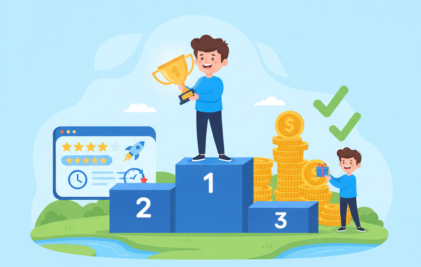 Cartoon seller standing on a ranking podium with a trophy, surrounded by five-star rating, fast-shipping rocket, and clock icons