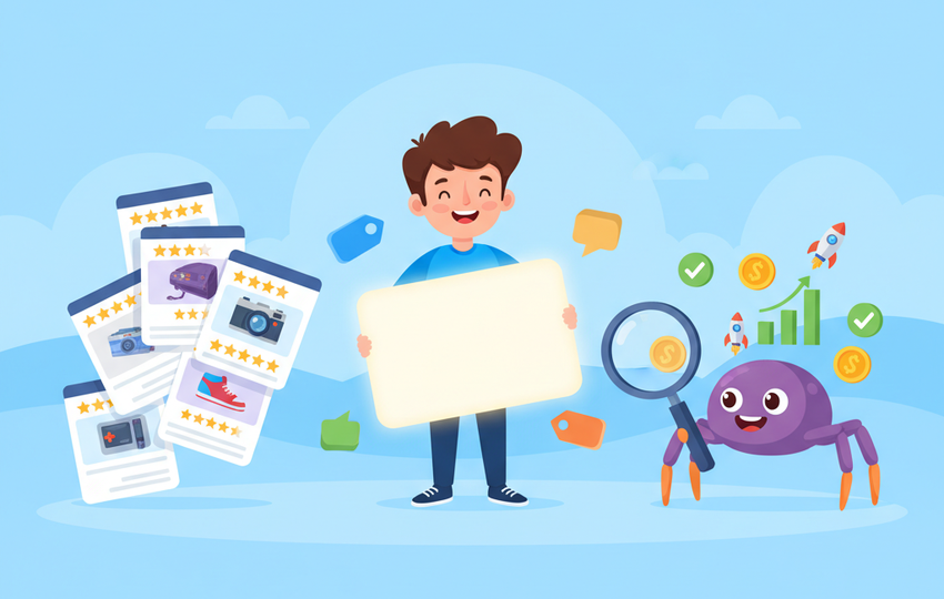 Cartoon seller holding a giant glowing eBay listing title card with keyword tags floating around it