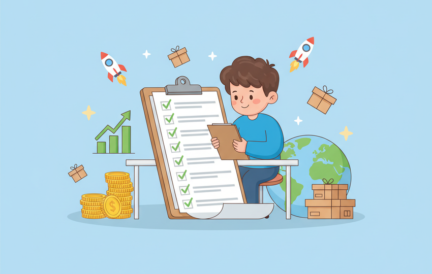 Cartoon character at a desk reviewing shipping checklist with checkmarks and a globe