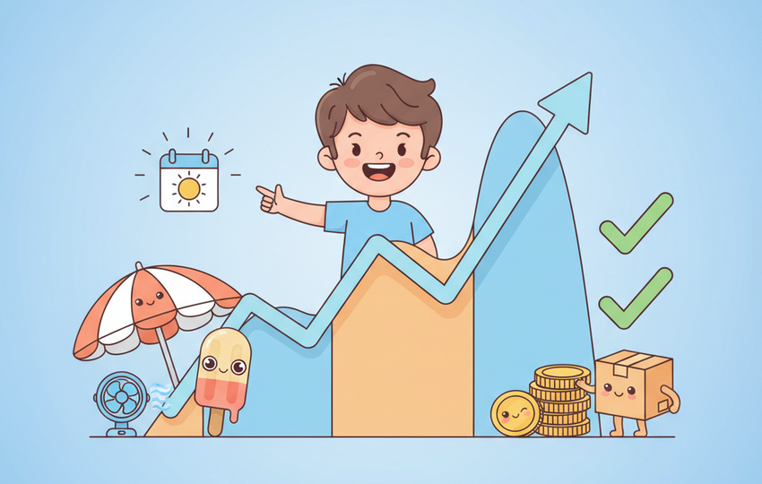 Cartoon seller pointing at a rising line graph with seasonal peaks