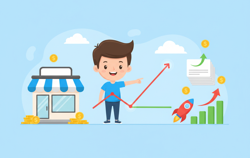 Cartoon seller pointing at a break-even crossover on a line graph, with storefront and listing cards