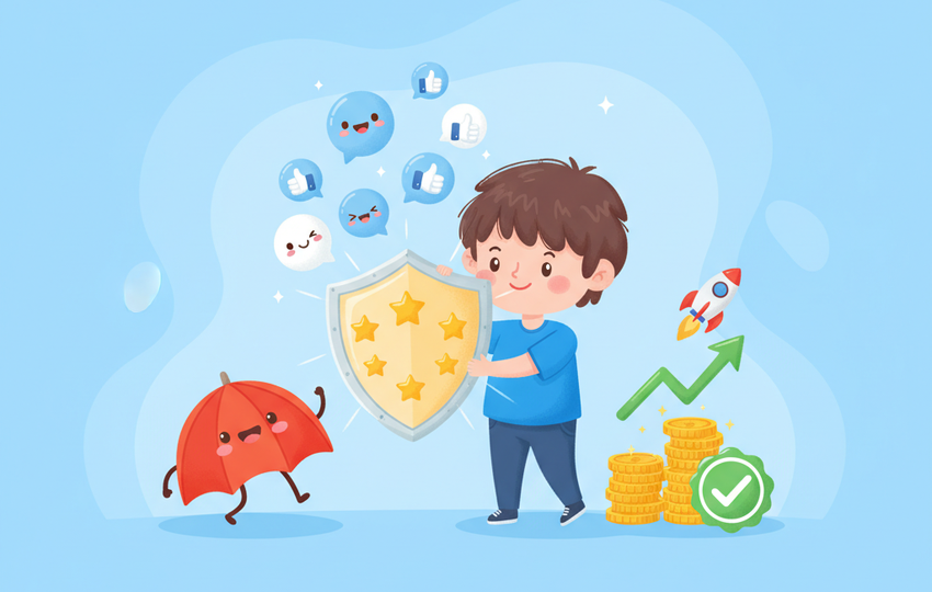 Cartoon seller holding a shield with stars protecting feedback bubbles