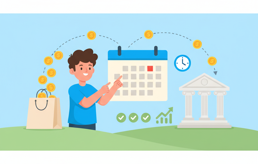 Cartoon character watching money move from a marketplace into a bank with a calendar