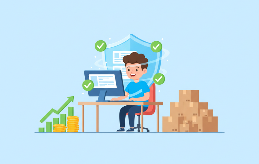 Cartoon character at a desk managing listings with shields and checkmarks protecting an account