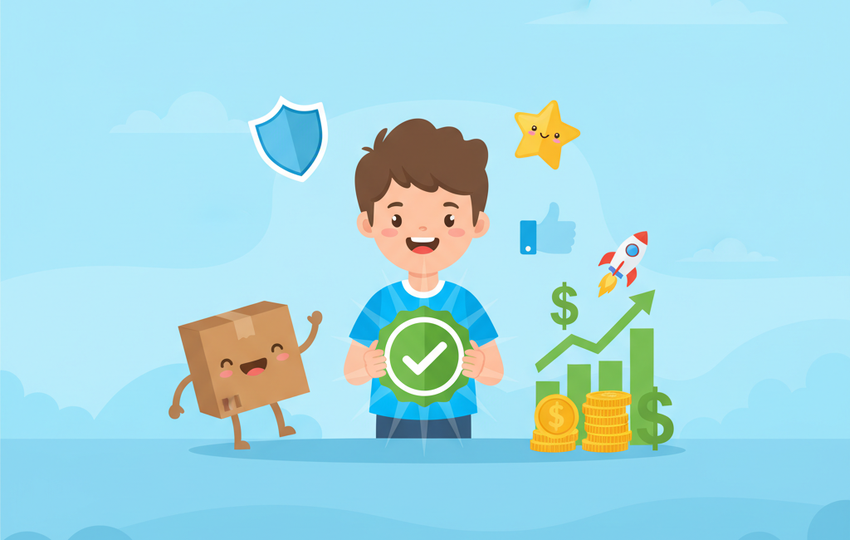 Cartoon seller holding a glowing checkmark badge with shield, star, and thumbs-up icons