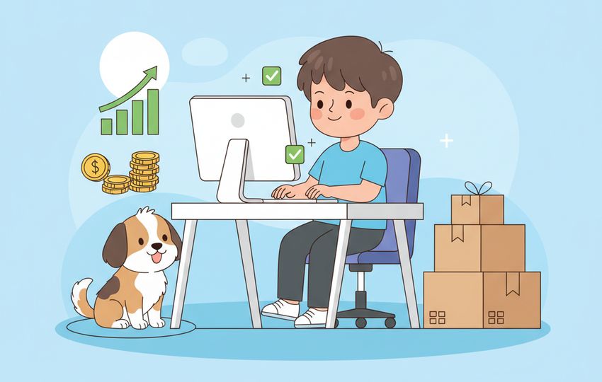 Cartoon character at a desk managing a pet store with order checkmarks and a happy dog