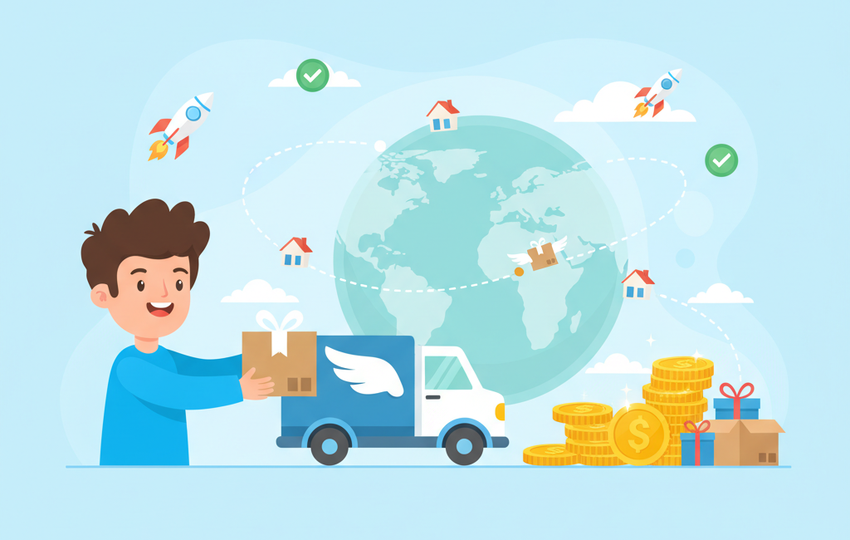 Cartoon character shipping a package that travels across a world map to global buyers