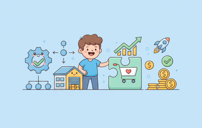 Cartoon seller connecting two glowing puzzle pieces with warehouse and shopping cart icons