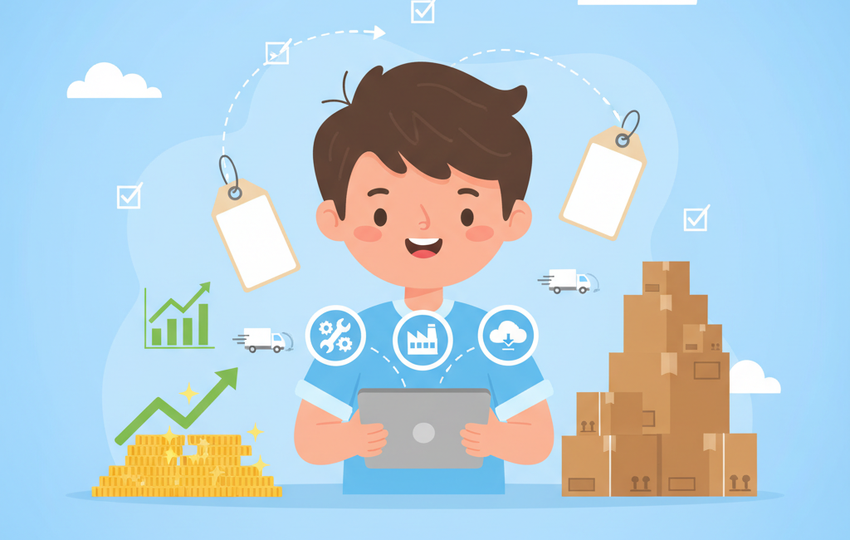 Cartoon character comparing supplier options on a tablet with price tags and shipping icons