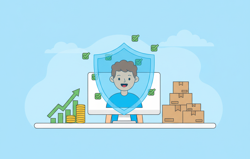 Cartoon character at a desk with a shield protecting listings and green checkmarks