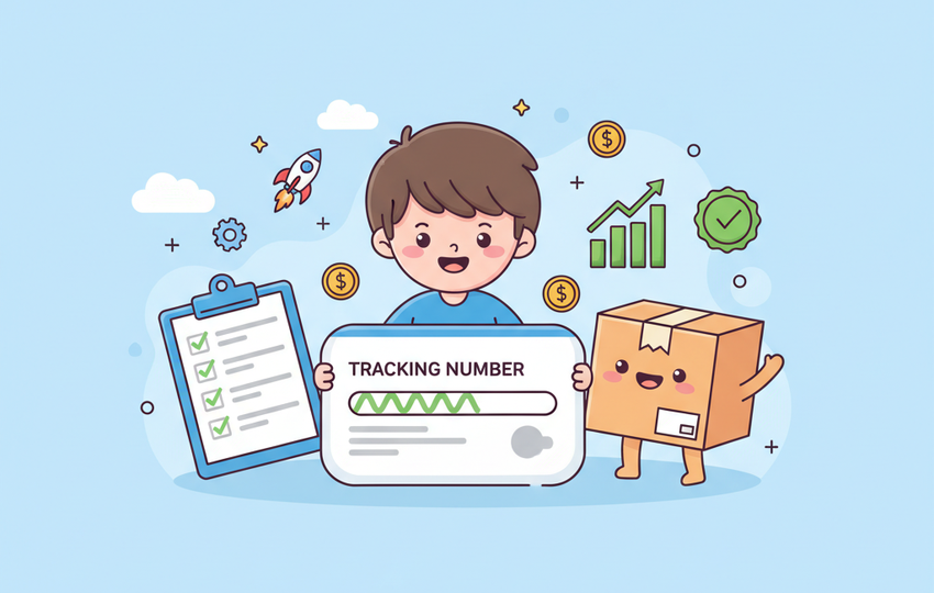 Cartoon seller holding dashboard panel with tracking number bar and green progress fill