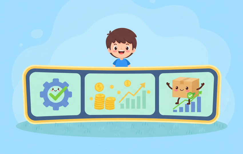 Cartoon seller looking at a dashboard panel with three side-by-side store data windows