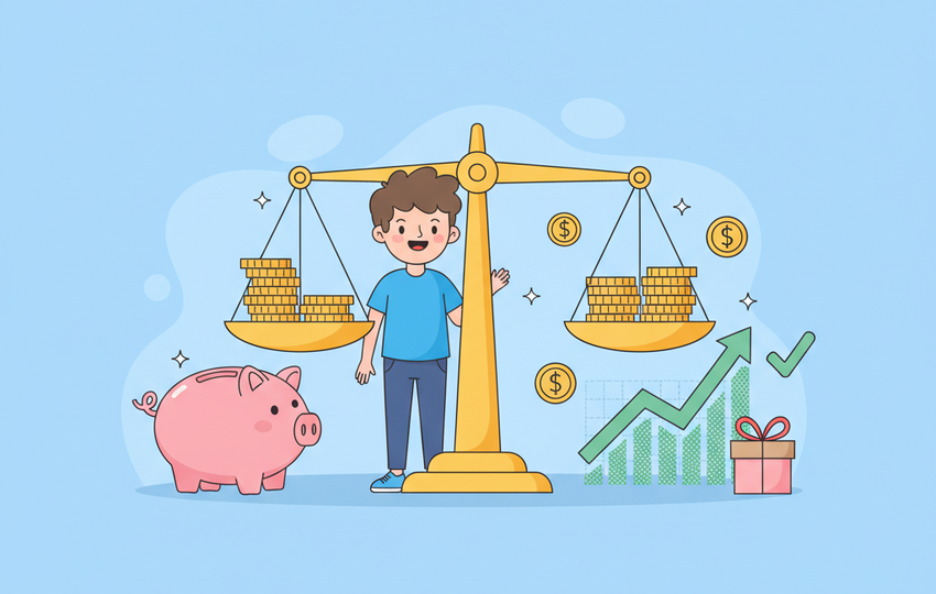 Cartoon seller standing between two scales of golden coins with a piggy bank and profit chart