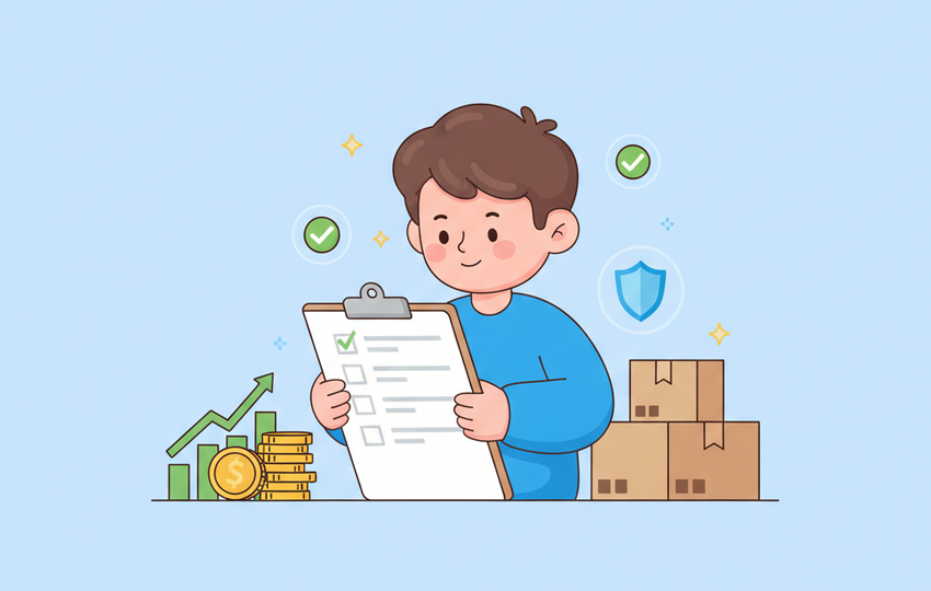 Cartoon character reviewing supplier checklist with verified badges and a shield