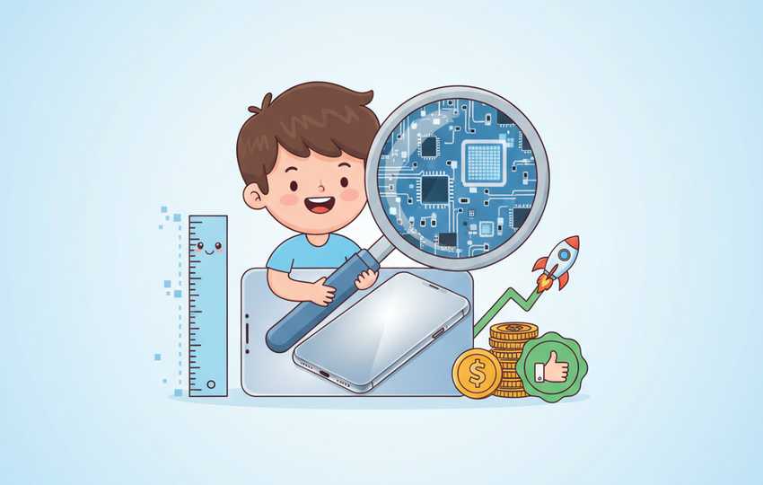 Cartoon seller using a magnifying glass on a high-quality product photo with crisp detail