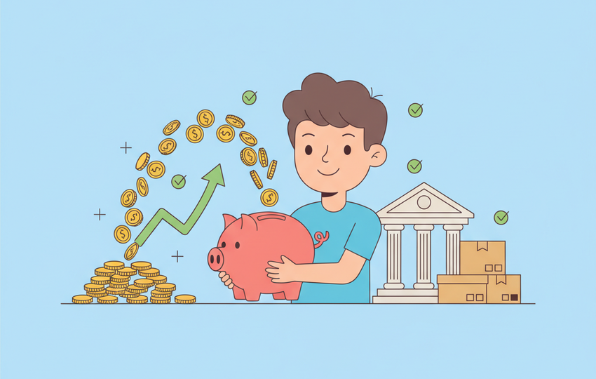 Cartoon character holding a piggy bank with coins flowing in and a steady money stream