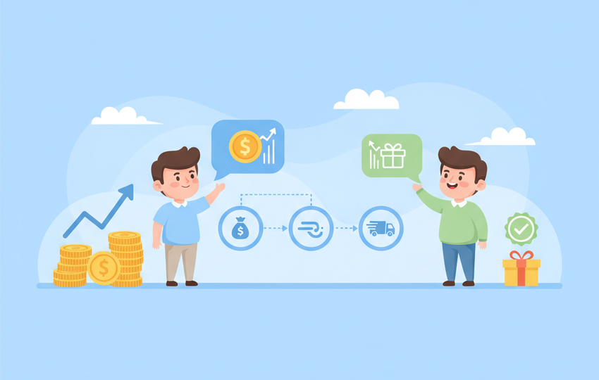 Cartoon flowchart between cartoon seller and buyer with dotted lines and golden coins