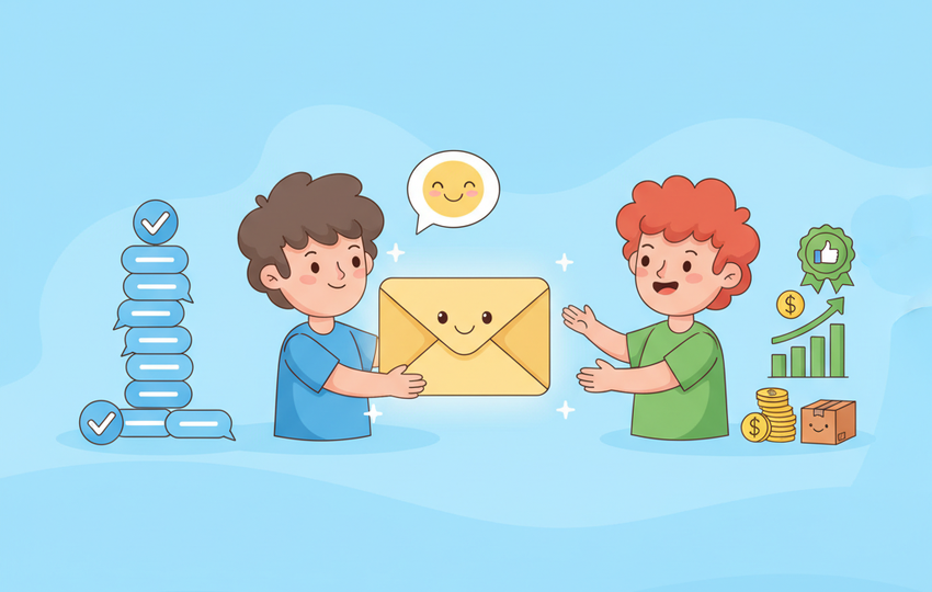 Cartoon seller sending a message envelope with happy speech bubble to a buyer