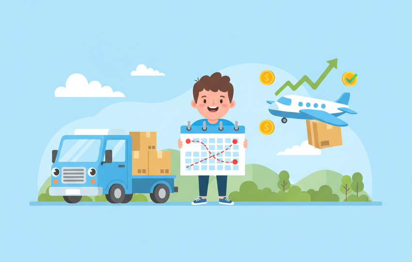 Cartoon seller holding a calendar with two delivery routes, with a delivery truck and airplane