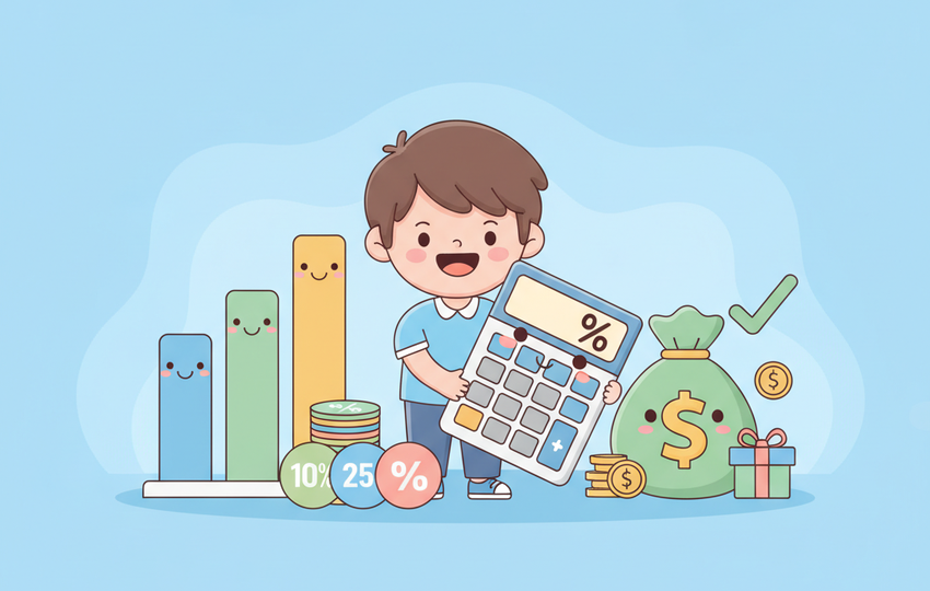 Cartoon calculator with stacks of price tags showing percentage symbols, with profit bars in pastel blue and gold