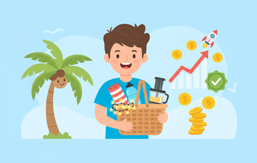 Cartoon seller holding a picnic basket with summer outdoor items including towel, solar lights, water bottle