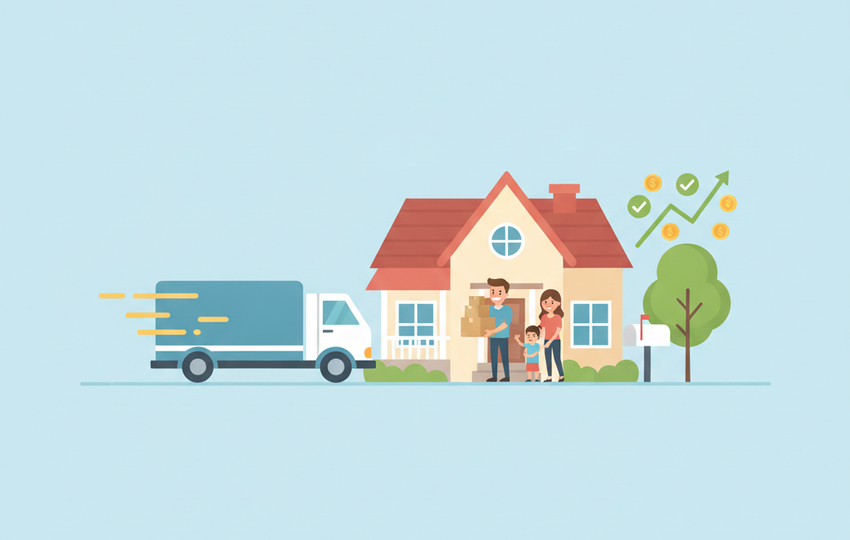 Fast delivery truck arriving at happy customer house with packages